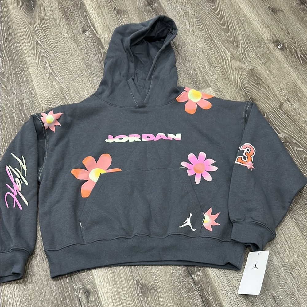 Jordan Gray Hoodie with Floral Accents